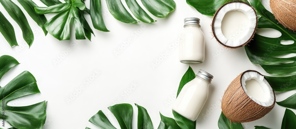 Aufkleber coconut milk in bottles and fresh coconut on green leaves with a white background viewed from above 