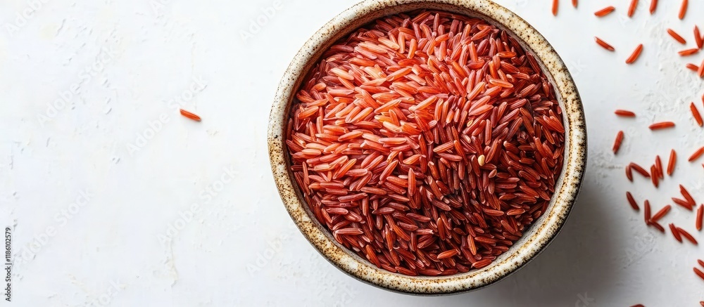 Poster uncooked red rice in a ceramic bowl on a white background vertical top view. with copy space image. 