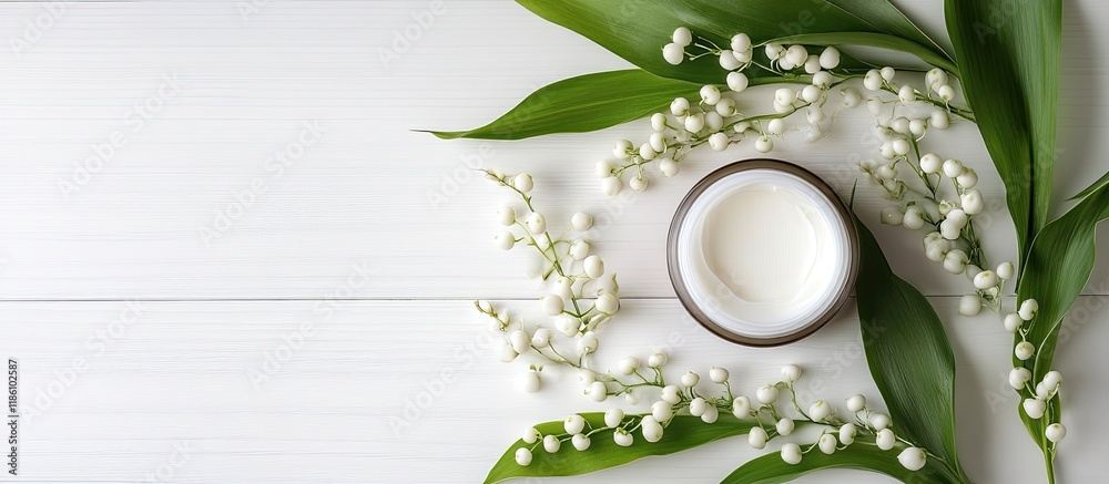 Poster cosmetic cream and lily of the valley blossoms on a white wooden table. with copy space image. place
