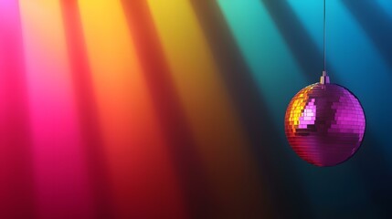 Obraz premium A pink disco ball hangs against a vibrant, colorful backdrop of blurred rainbow light beams.