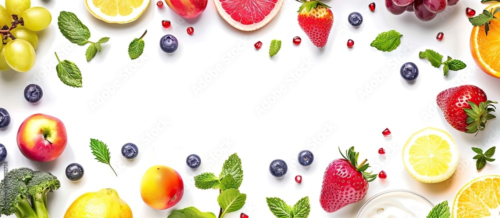 Aufkleber frame of fresh fruits and vegetables isolated on a white background. with copy space image. place fo