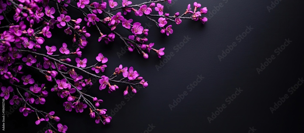 Leinwandbilder decorative branches with purple blossoms isolated on a black background close up selective focus. wi