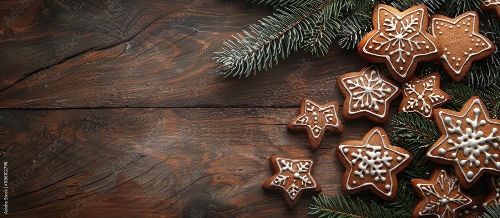 Poster Christmas gingerbread cookies and a fir tree branch on a wooden background Top view with space for your messages. with copy space image. Place for adding text or design