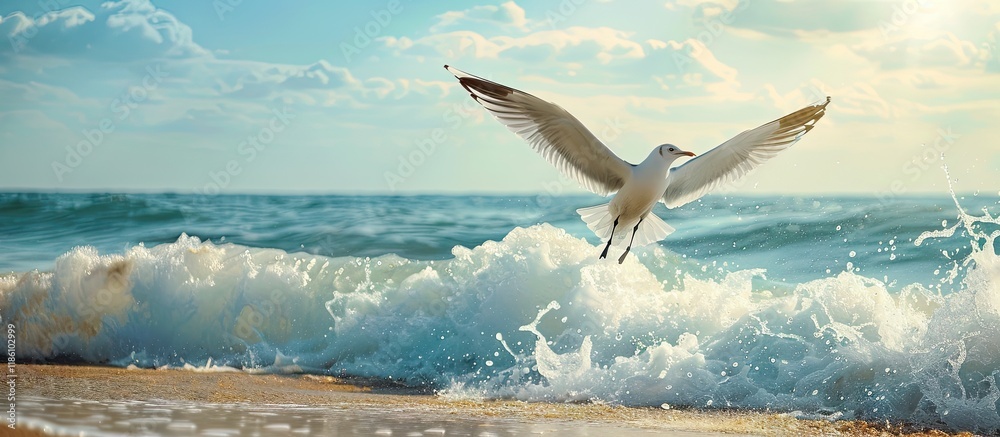 Aufkleber a solitary seagull is launching from the sand in front of the waves. with copy space image. place fo