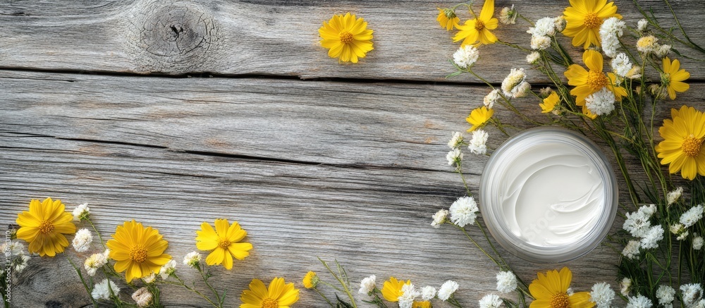 Poster white cosmetic cream with yellow flowers on wood. with copy space image. place for adding text or de