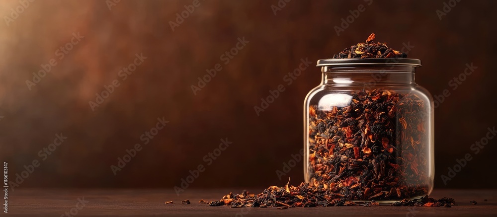 Poster Dried tea leaves in a glass container. with copy space image. Place for adding text or design
