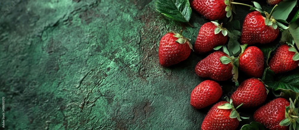 Aufkleber fresh strawberries on a green backdrop with copy space close up