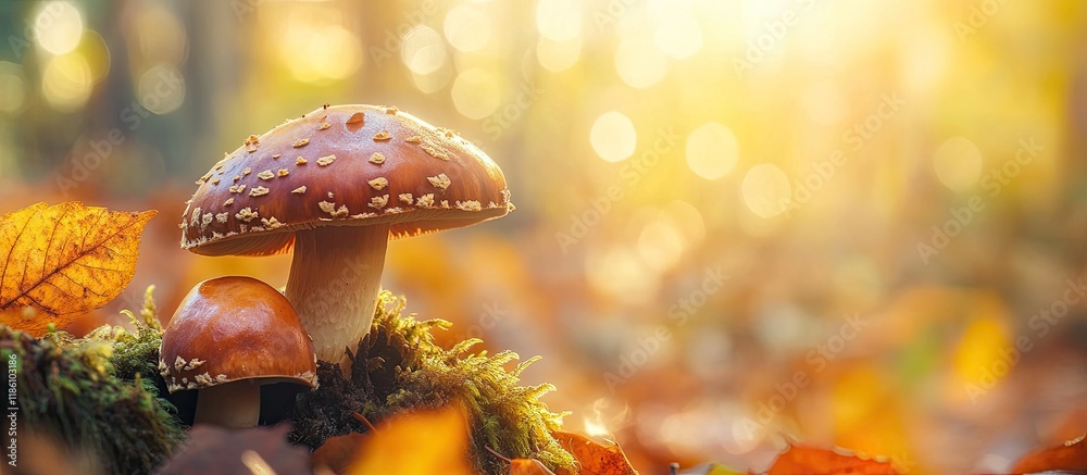 Poster Beautiful porcini mushroom thriving in the forest on an autumn day. with copy space image. Place for adding text or design