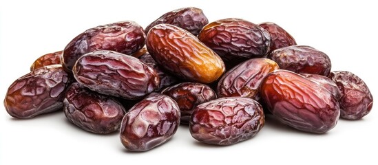 Pile of Large Medjool Dates Close up view isolated on a white background. with copy space image. Place for adding text or design