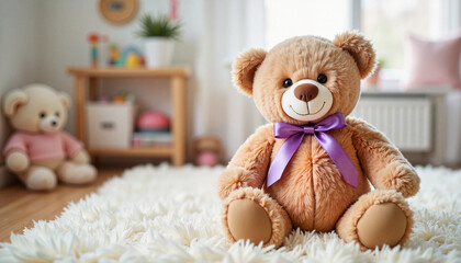 Playful teddy bear with purple ribbon in child's room, comfort