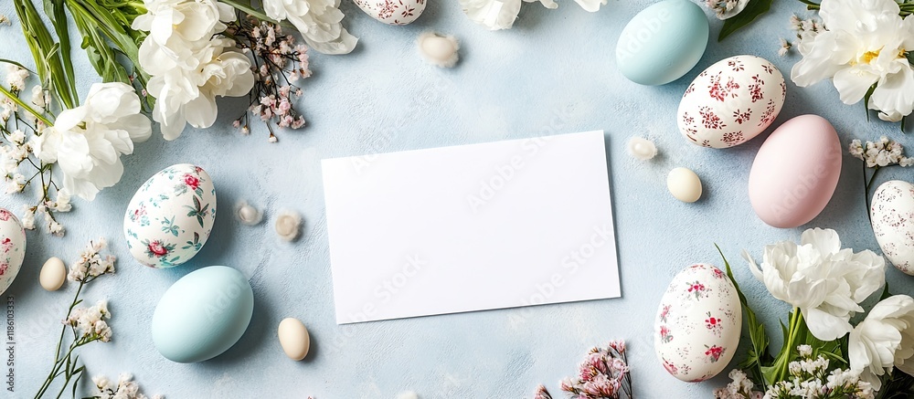 Aufkleber arrangement featuring a blank card flowers and easter eggs on a white background. with copy space im