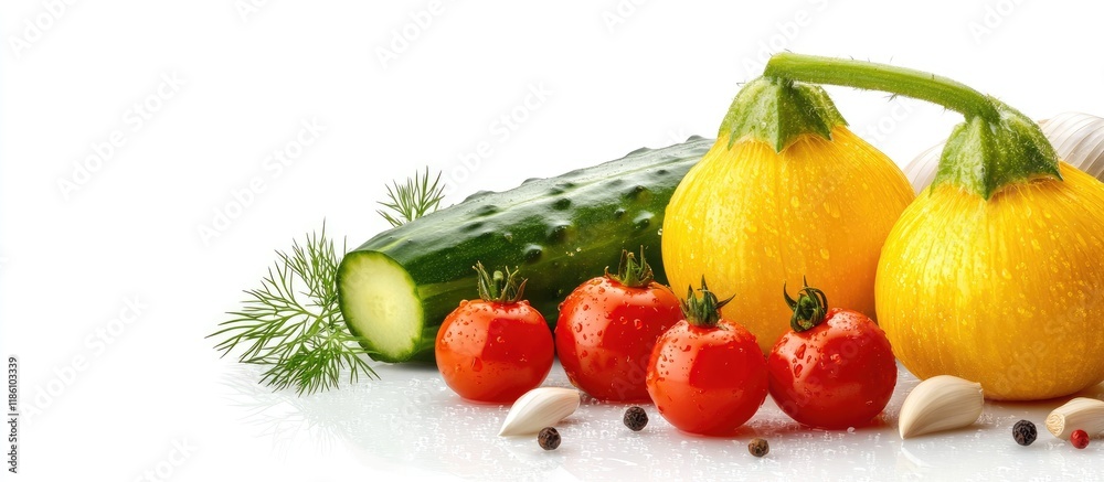 Fototapete yellow dill umbrellas two garlic bulbs three red cherry tomatoes and a green cucumber on a white bac