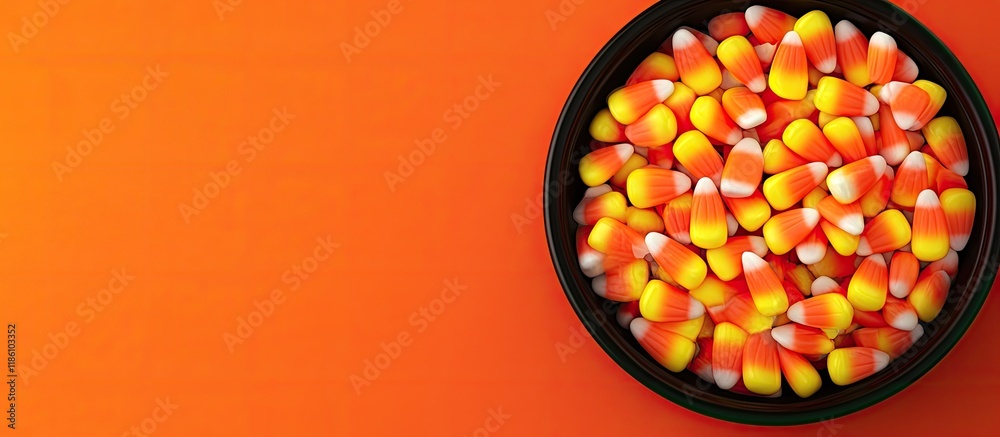 Poster nearly vacant black dish with halloween candy corn set against an orange background. with copy space
