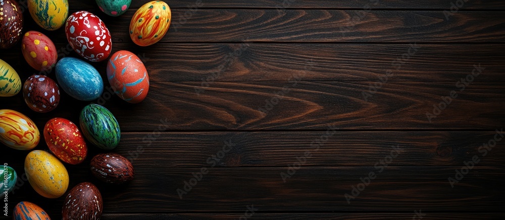 Aufkleber easter eggs arranged on a dark wooden background from a top view providing copy space