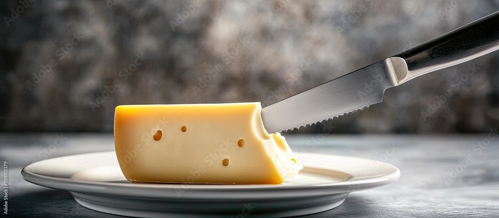 Aufkleber a kitchen knife is used to cut cheese on a plate. with copy space image. place for adding text or de