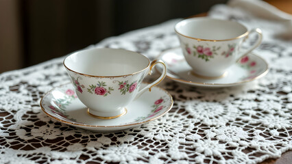Fototapeta premium Elegant Vintage Teacups on Decorative Lace Tablecloth