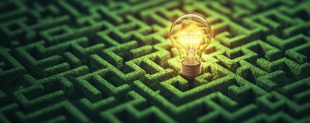 A glowing lightbulb sits at the center of a sprawling, green maze, symbolizing an idea or solution within a complex problem