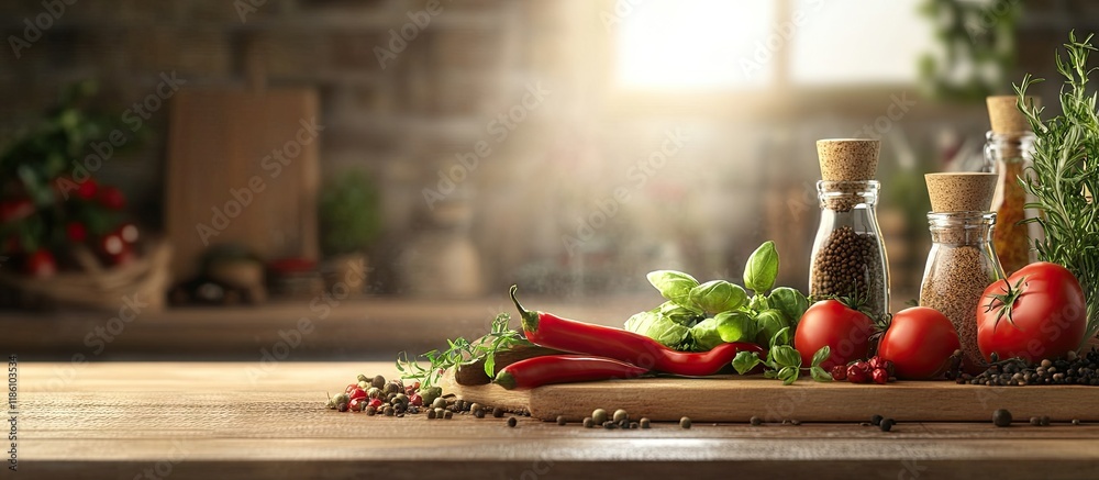Fototapete Collection of vegetables and spices on the kitchen table. with copy space image. Place for adding text or design