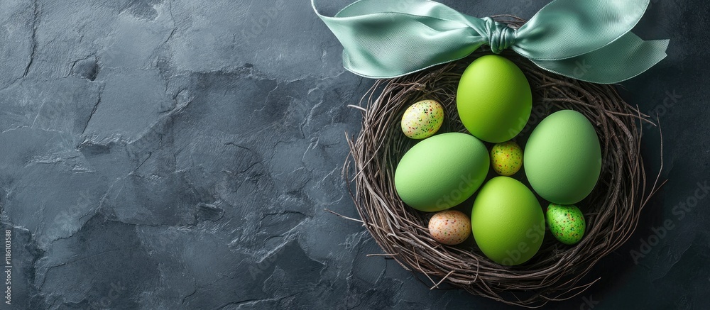 Aufkleber green easter eggs in a nest with a silk ribbon on a gray stone backdrop alongside colorful sweets mo