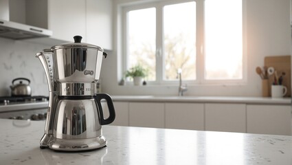 Modern stainless steel coffee maker on marble countertop in sunlit kitchen exuding sophistication and elegance
