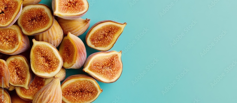 Poster scoop of dried figs on a colored background top view with space for text nutritious fruit. with copy