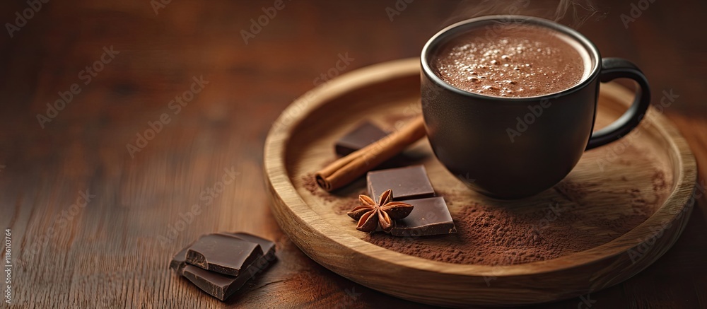 Poster delicious hot chocolate served on a wooden platter. with copy space image. place for adding text or 