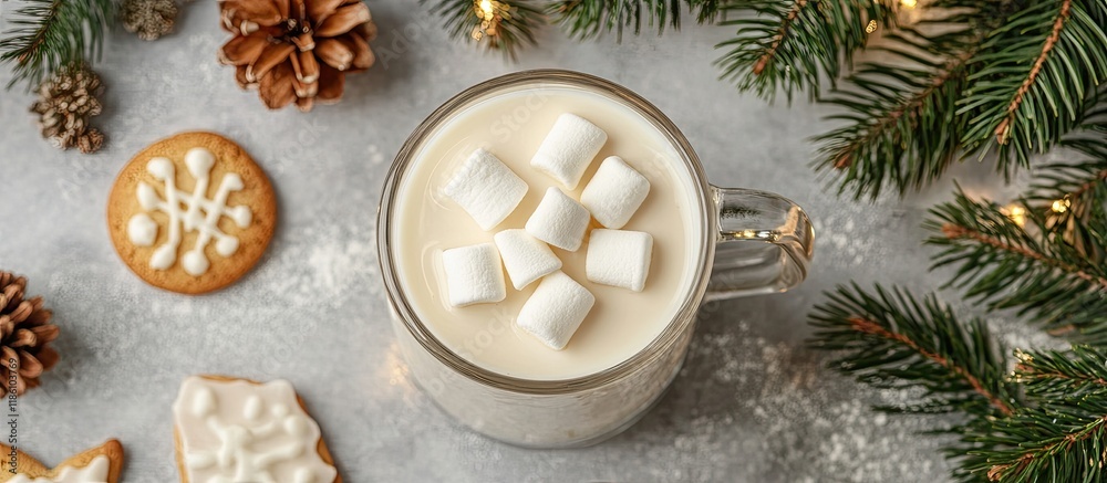 Fototapete Christmas white drink eggnog with marshmallows in a glass mug on a grey background with spruce branches and cookies top view. with copy space image. Place for adding text or design