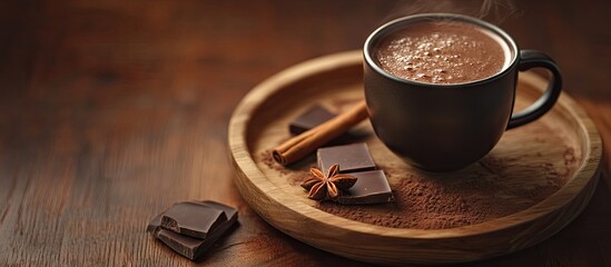 Delicious hot chocolate served on a wooden platter. with copy space image. Place for adding text or design