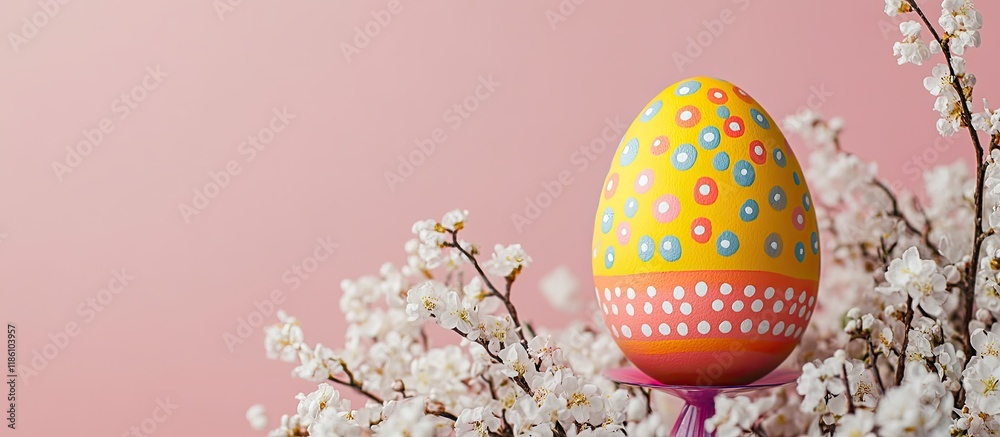 Aufkleber closeup of a colorful painted easter egg in a bright modern egg stand surrounded by white flowering 