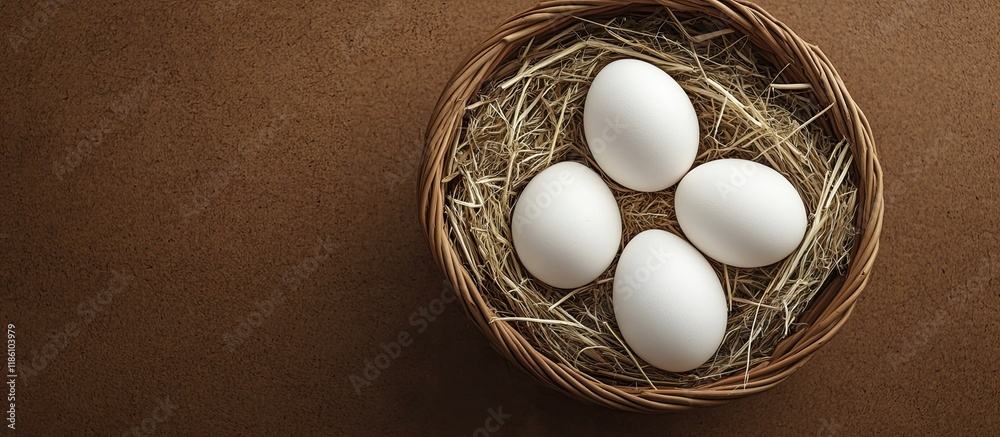Aufkleber white chicken eggs are placed in a wicker basket with straw atop a cork background easter card flat 