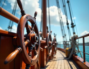Antique wooden steering wheel on sailing vessel. Seafaring vessel with nautical equipment. Beautiful handcrafted detail. Classic sailing ship on water. Calm sea day. Sunny day. Navigator controls