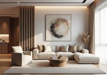Minimalist, japandi style interior design of modern living room. Room with contemporary beige boucle sofa, armchair, and abstract painting