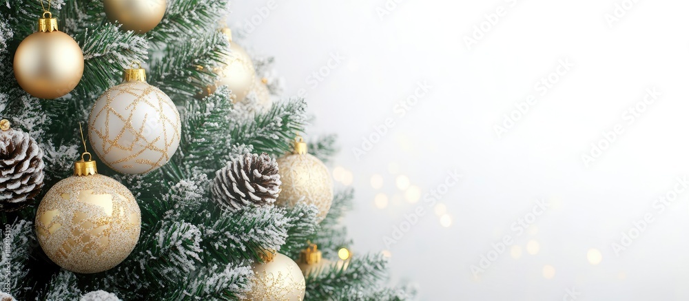 Fototapete Close up of a Christmas tree background featuring decorations. with copy space image. Place for adding text or design