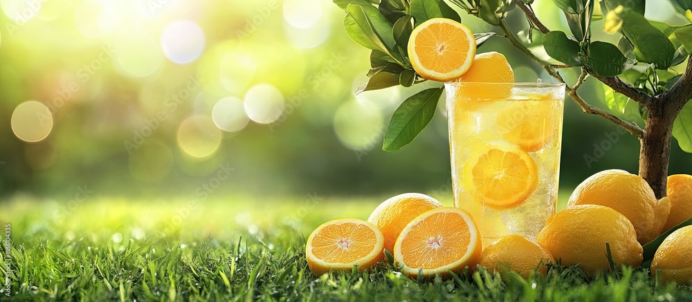 Poster lemonade in a glass with lemons and oranges on a tree set against a background of green grass. with 