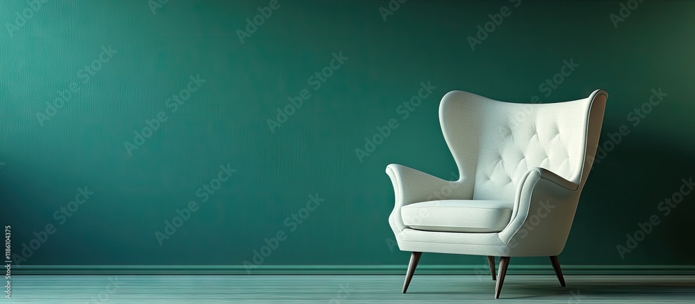 Poster Comfortable armchair on a green backdrop. with copy space image. Place for adding text or design