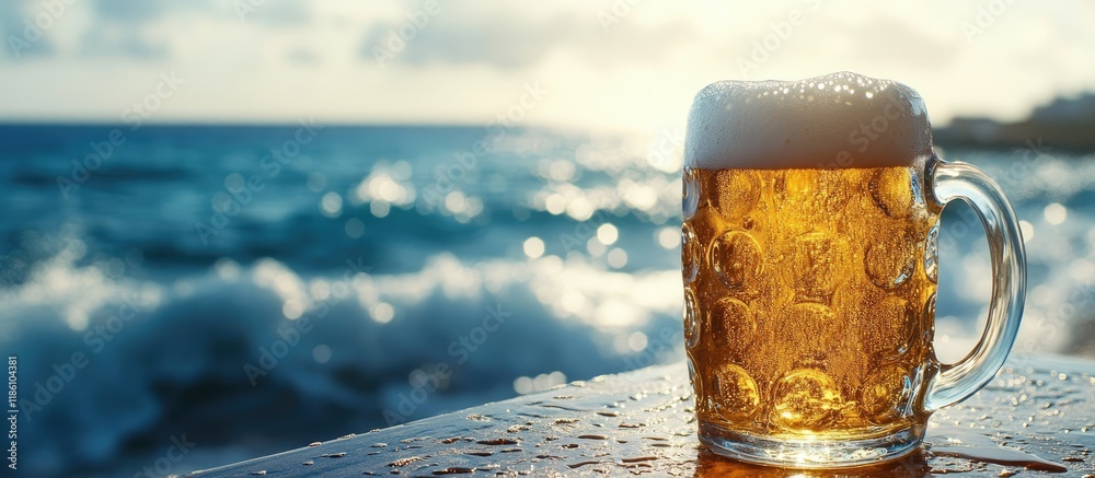 Aufkleber A mug of beer with froth and bubbles rests at the edge of a table with the sea in the background. with copy space image. Place for adding text or design