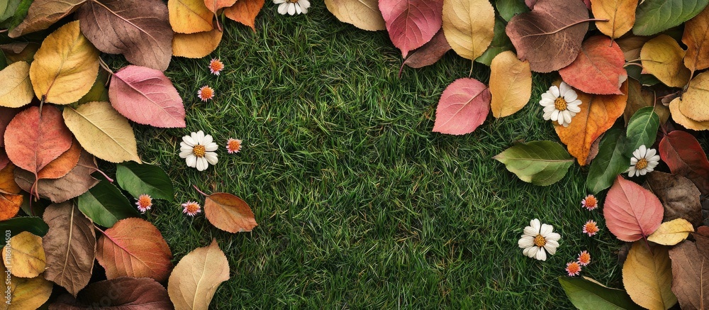 Aufkleber fallen leaves from an apple tree in various colors with flowers on the grass during autumn. with cop