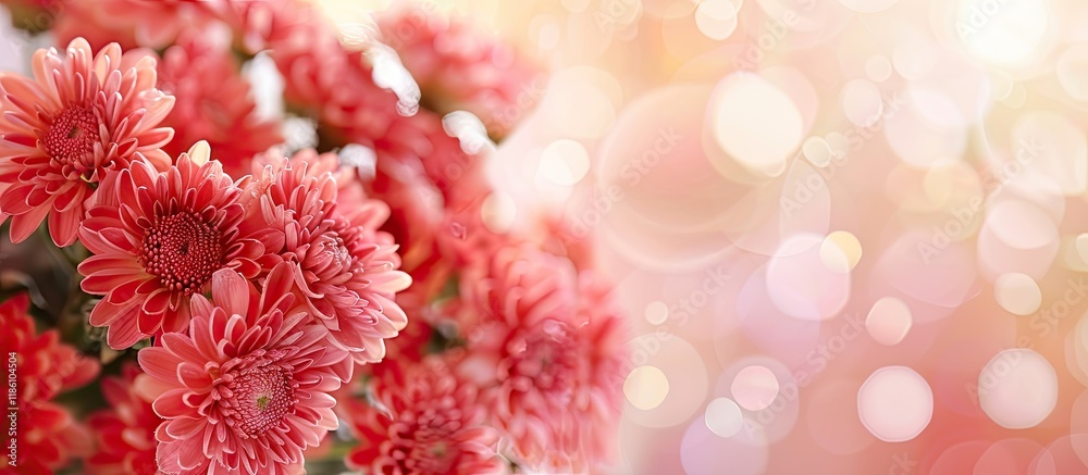 Fototapete red chrysanthemums bouquet in flower shop as background. with copy space image. place for adding tex