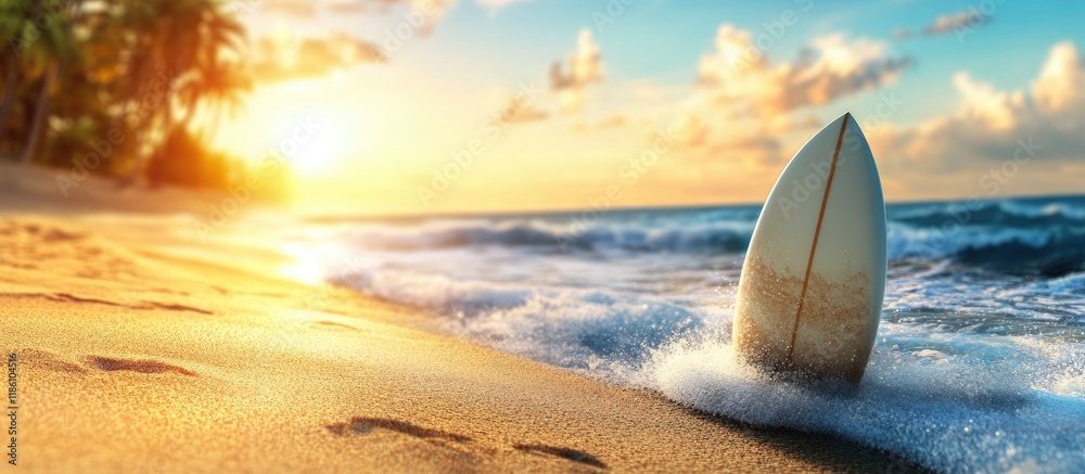 Poster beautiful sandy beach for surfing on a sunny summer day. with copy space image. place for adding tex