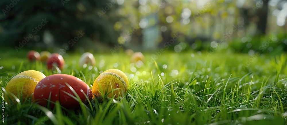 Aufkleber Easter eggs on the grass with a selective focus on the chicken eggs. with copy space image. Place for adding text or design