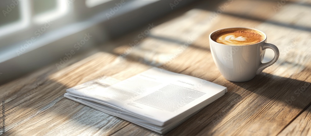 Poster Empty magazine and a cup of coffee on a wooden surface. with copy space image. Place for adding text or design