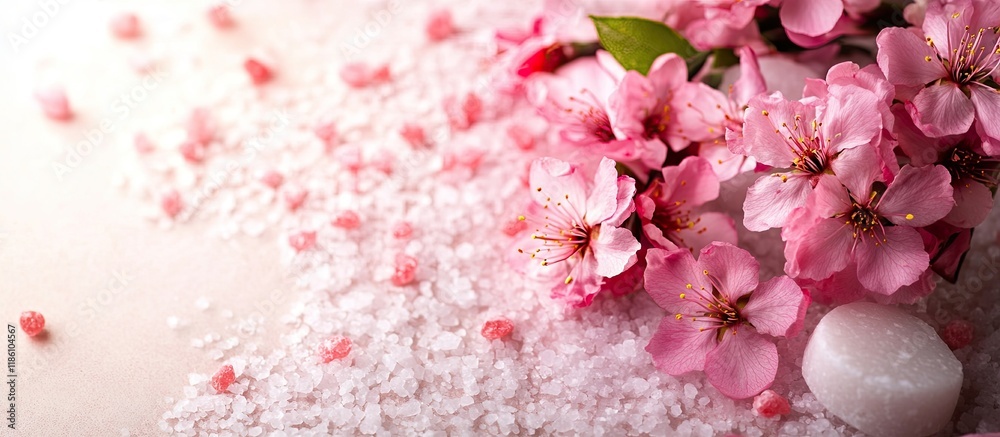 Poster pink blossoms and bath salts. with copy space image. place for adding text or design