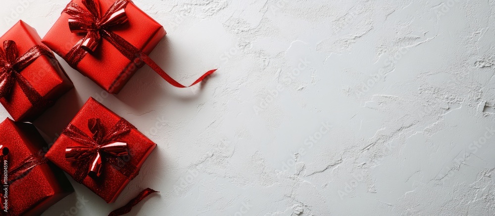Poster Red Christmas gift boxes on a textured white background. with copy space image. Place for adding text or design