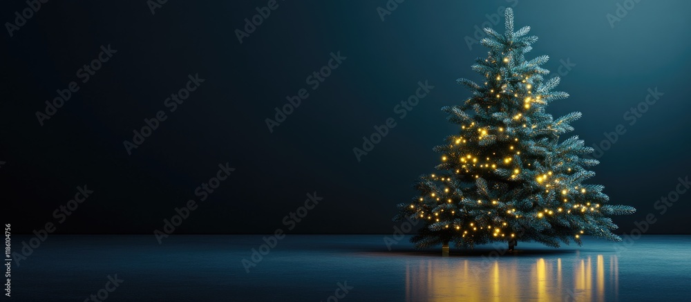 Fototapete Festive Christmas tree adorned with fairy lights. with copy space image. Place for adding text or design