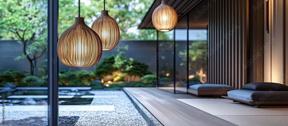 Aufkleber Modern interior featuring several wooden pendant lights in a Japanese style. with copy space image. Place for adding text or design