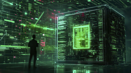 digital safe surrounded by glowing data displays, symbolizing security and technology
