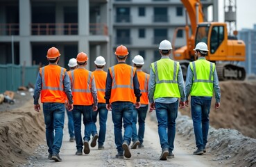 Construction workers in safety vests and hard hats walk along construction site path. They are heading toward large building under construction. Scene suggests teamwork and planned building project.