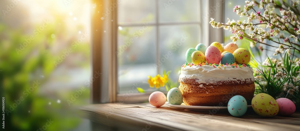 Aufkleber happy easter celebratory easter background easter cake with easter eggs on a wooden windowsill holid