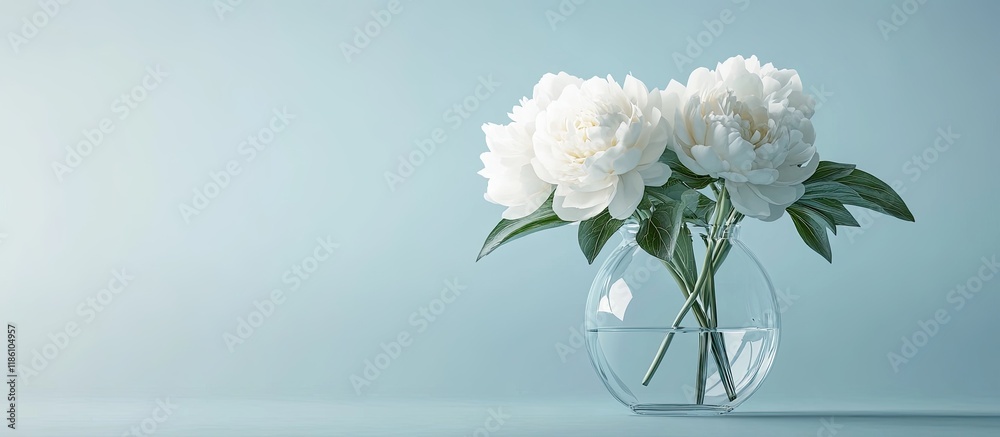 Fototapete White peony in a clear vase with a label mockup. with copy space image. Place for adding text or design