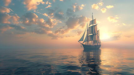 Fototapeta premium Stunning Illustration of a Sailing Ship at Sunset on Calm Ocean Reflecting Golden Skies for Nautical Themed Designs